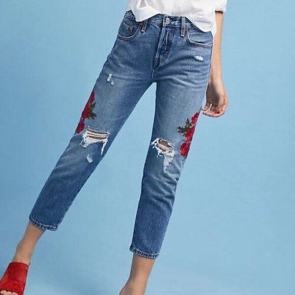 Levi's 501 T Floral Embroidered Tapered Jeans Medium Wash Women's Size 28 H11510 - Picture 12 of 12